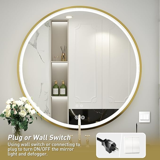 40" Round LED Bathroom Mirror, Dimmable Anti-Fog Vanity Mirror with Touch Control, 6000K Natural Light, Gold Metal Frame, Wall Mounted for Makeup Shaving (IP54, 90+ CRI)