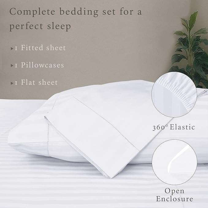 Threadmill 500 Thread Count Twin-XL Size Damask Stripe, 3 Pc Luxury Cotton Bed Sheet Set, Breathable Hotel White Sheets with 15" Elasticized Deep Pocket, 1 Pillowcase & Free Tote Bag