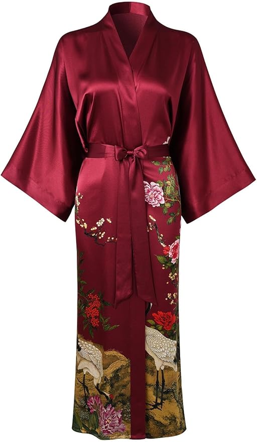 Women's Silk Kimono Robe Long Bathrobe Nightgown 100% Mulberry Silk for Women - Classic Floral Pattern