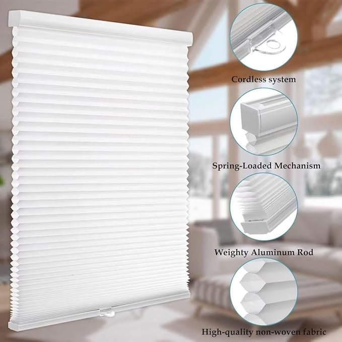 MYshade 1.5-Inch Cellular Cordless Light Filtering Shades,Thermal Insulating Noise Reducing Waterproof Blinds,Honeycomb Window Treatments for Indoor Light Control (White-27 W x 64" H)