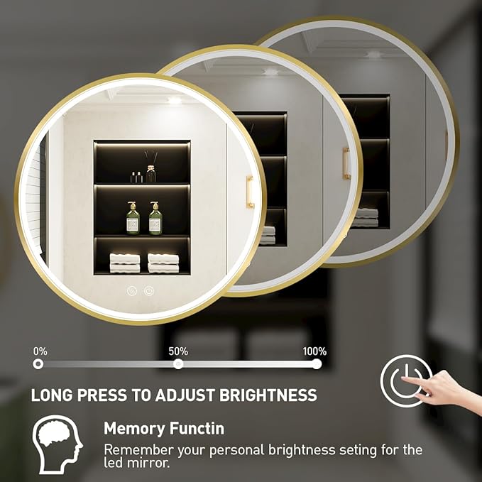 28" Round LED Bathroom Mirror, Dimmable Anti-Fog Vanity Mirror with Touch Control, 6000K Natural Light, Gold Metal Frame, Wall Mounted for Makeup Shaving (IP54, 90+ CRI)