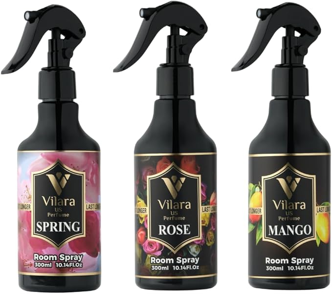 Room Spray Freshener - Long-Lasting Luxury Scents - Room and Linen Spray for Bedding, Sheets, Fabric, Furniture for Aromatherapy - 10.14 fl oz (Multipack 3:Sprng,Rose,Mango)