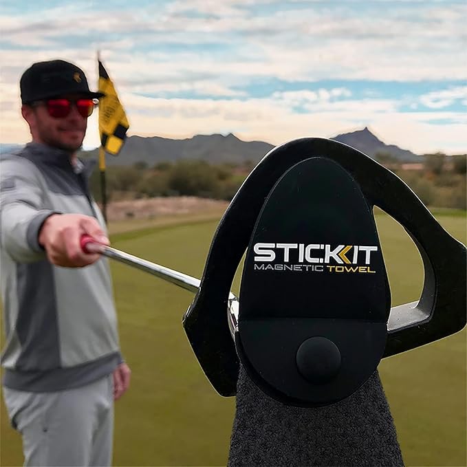 STICKIT Magnetic Golf Towel Gray and Black 2-Pack | Top-Tier Microfiber Golf Towel with Deep Waffle Pockets | Industrial Strength Magnet for Strong Hold to Golf Carts or Clubs