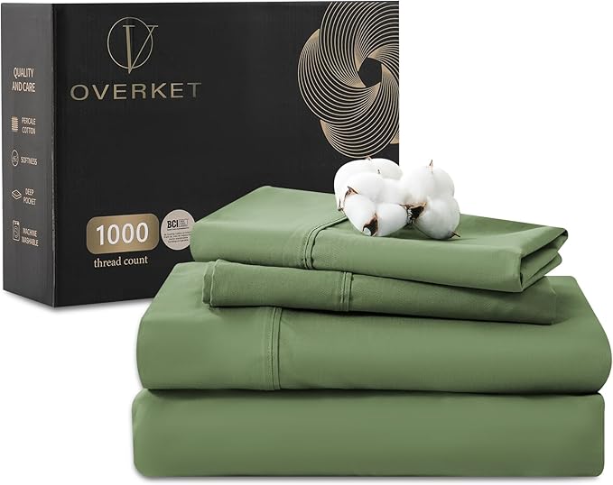Egyptian Cotton Sheets Full Size 1000 Thread Count Sateen Weave Soft Breathable 16-Inch Deep Pocket 4PCS（Full,Olive Green）