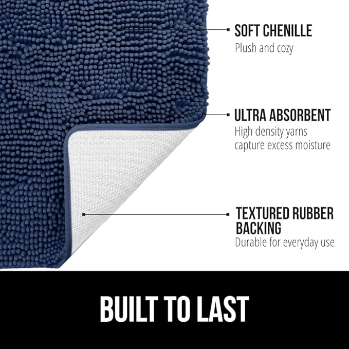 GORILLA GRIP Bath Rug Mat 60x17, Soft Absorbent Chenille, Quick Dry Microfiber Mats, Rubber Backing Washable Shower Floor Rugs, Bathmat Runner, US Designed Bathroom Home Decor Accessories Navy Blue