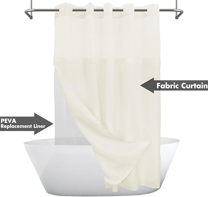 Extra Long No Hook Slub Textured Shower Curtain with Snap-in PEVA Liner Set - 71" x 98"(96"), Hotel Style with See Through Top Window, Cream Fabric Curtain & Waterproof Liner, Sand, W71xH96