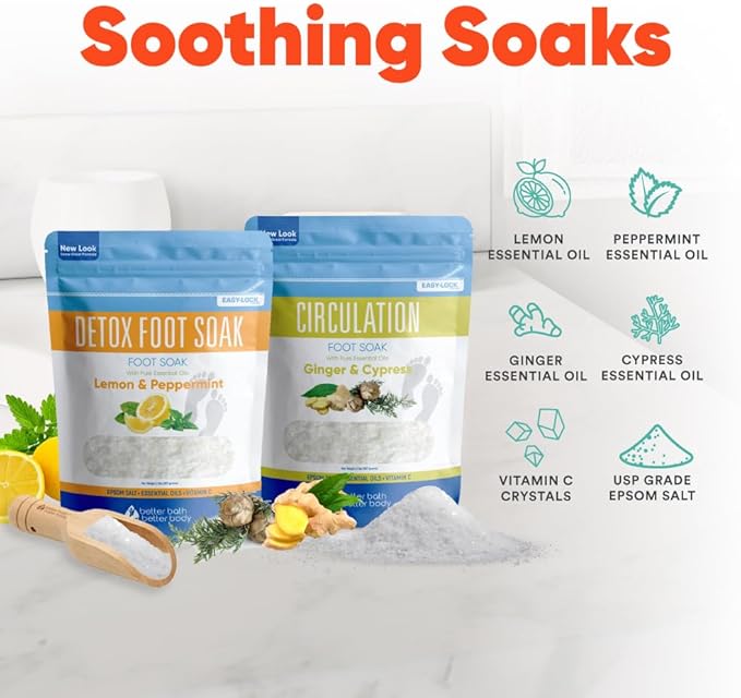 2 Pack Foot Soak Salts Bundle for DIY Foot Spa with Bamboo Scoop (2 lbs Each 4 lbs Total) for Discomfort and Dry Skin Made in USA with BPA Free Easy Lock Pouch