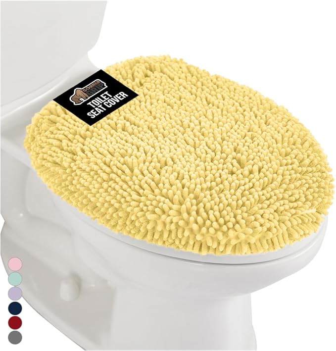 GORILLA GRIP Soft Chenille Bathroom Toilet Lid Cover, Machine Washable Seat Covers, 19.5x18.5, Stays in Place Rubber Backing, Fits Most Round, Elongated and Oblong Lids, Accessories Decor, Yellow