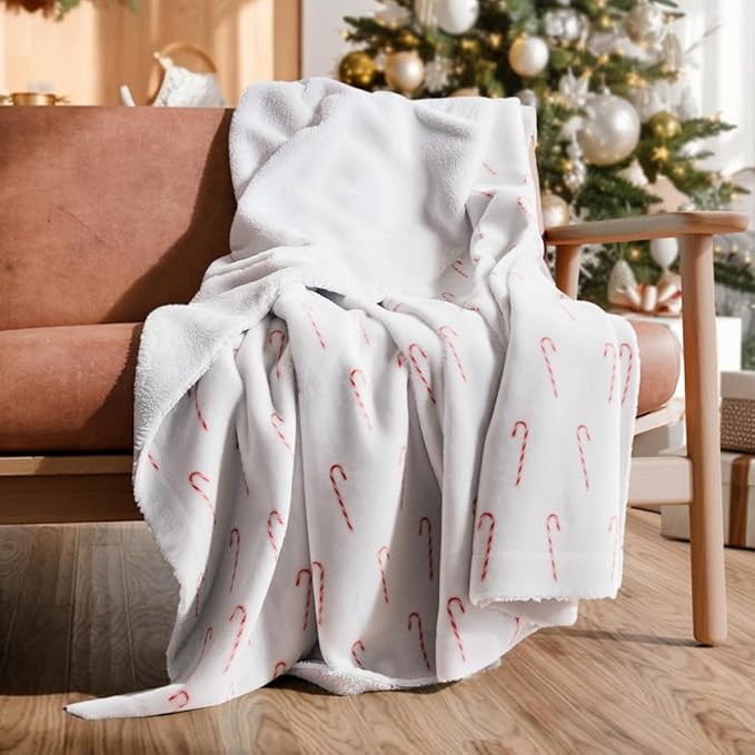Christmas Sherpa Blanket Throw Size - Reversible Sherpa Fleece Blanket - Super Soft Double Sided Throw for Bed, Sofa, Couch - Thick, Warm, Soft & Plush - Cozy Xmas Winter Bedding - Candy Cane, 50x60
