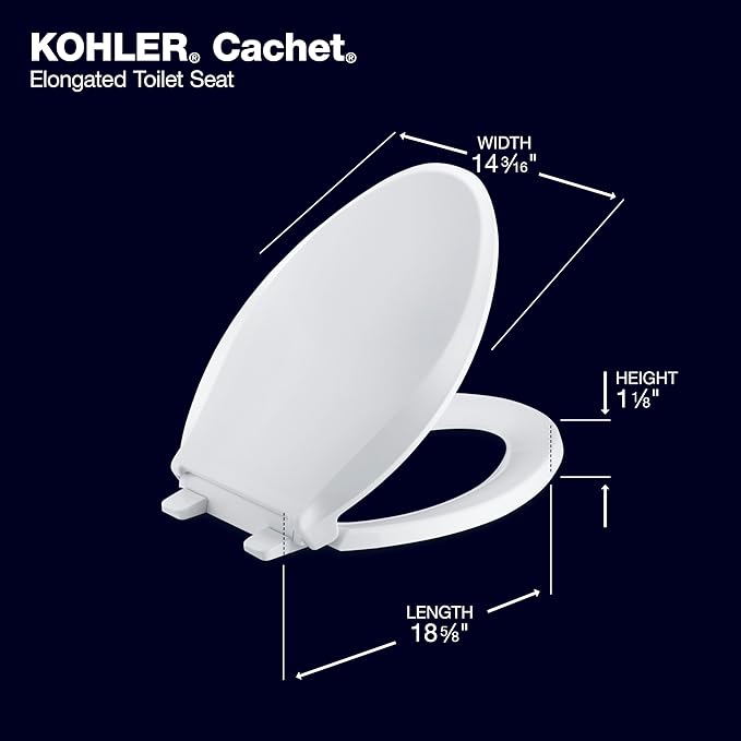 KOHLER K-4636-7 Cachet Elongated, Grip-Tight Bumpers, Quiet-Close Release Hinges, Quick-Attach Hardware, No Slam Toilet Seat, Black
