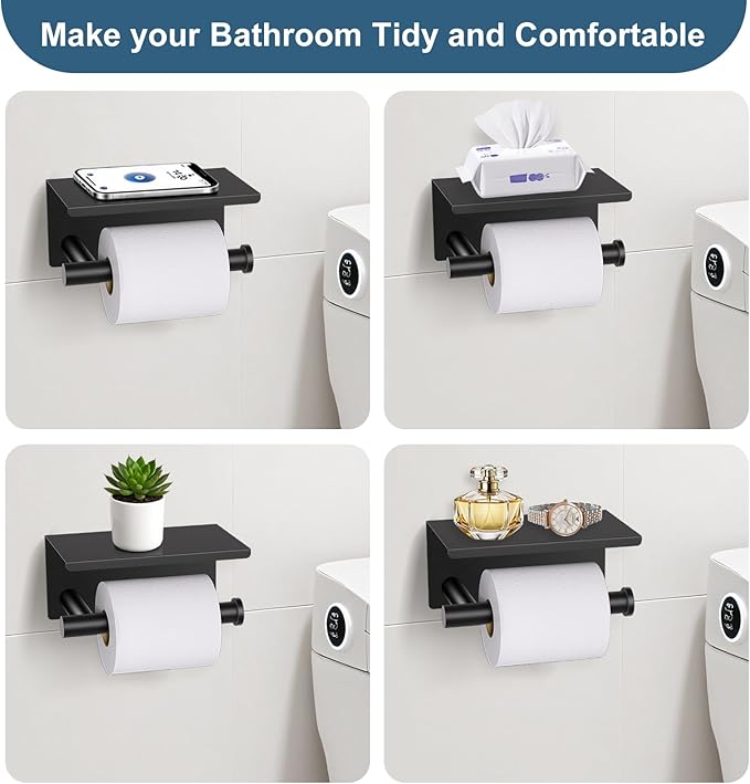 Matte Black Bathroom Hardware Set, 5 Pieces Black Towel Bar Bathroom Accessories Set, Upgraded Toilet Paper Holder with Shelf, 23.6 Inch Towel Rack Towel Holder for Bathroom Wall