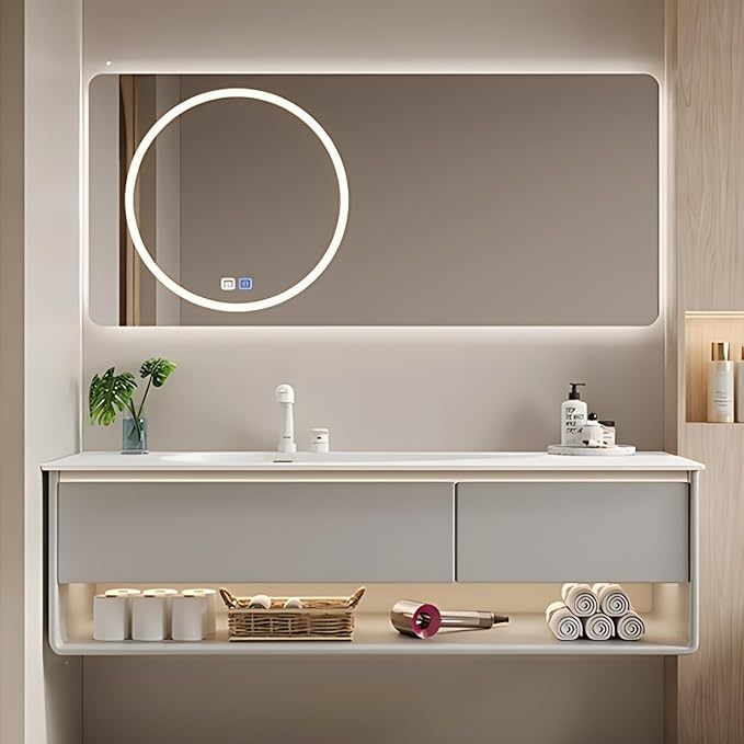 72IN Grey Bathroom Vanity Set - Floating Bathroom Vanity with Single Sink | Including LED Smart Defogging Mirror Cabinet & Time Display Function, Equipped with Motion Sensing Light Strip (Style B)