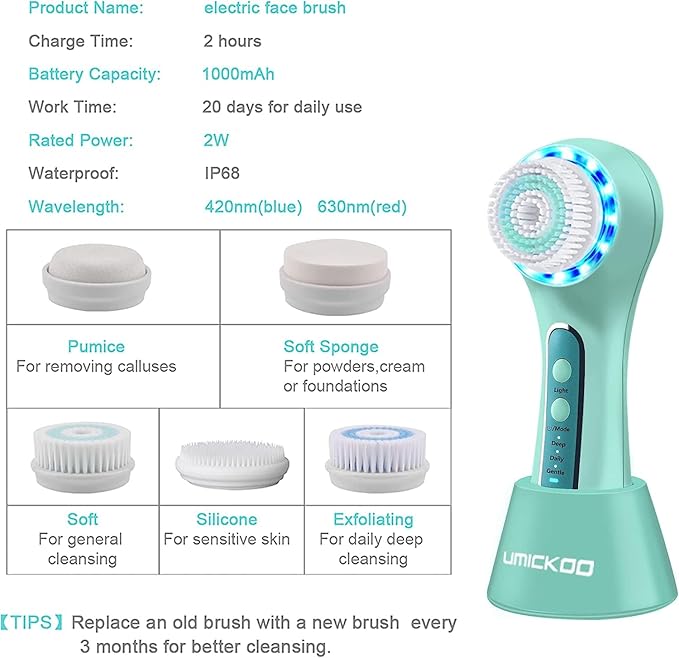 Face Scrubber Exfoliator,Facial Cleansing Brush Rechargeable IPX7 Waterproof with 5 Brush Heads,Electric Face Spin Brush for Exfoliating, Massaging and Deep Cleansing (Mint-Green)