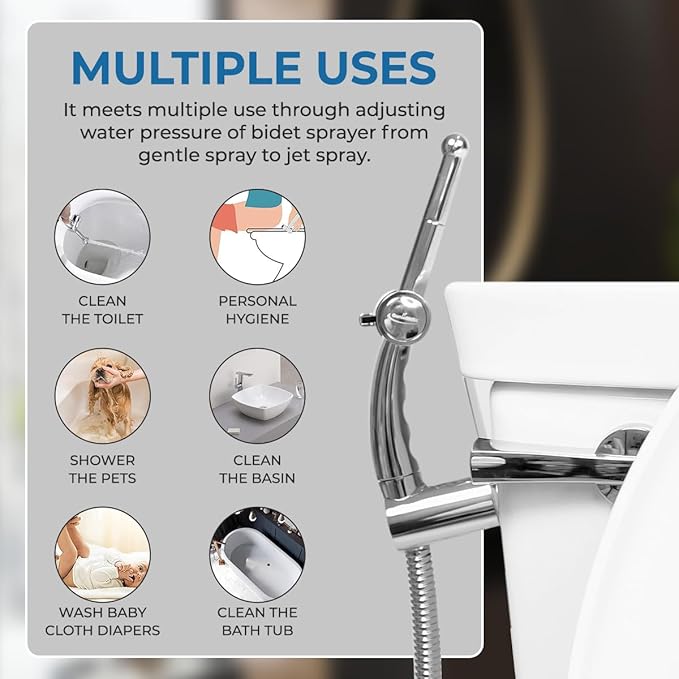GenieBidet Sparkle Hand Held Bidet Sprayer - Includes Hybrid T Adapter & Stainless Steel Toilet Hose & Precision Knob/w Solid Brass Valve