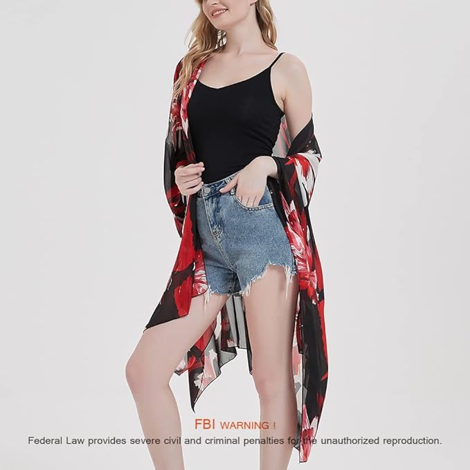 Women's Bohemian Floral Chiffon Beach Cover up Swimsuit Kimono Summer Swimwear Cardigans