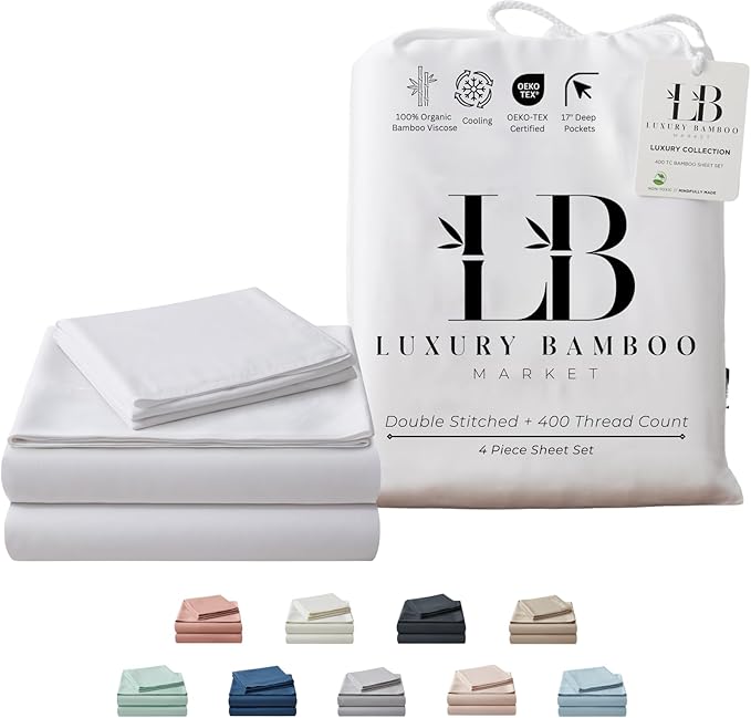 Luxury Bamboo Market | King Size Bed Sheet Set | 100% Viscose Made from Bamboo | Organically Grown | Ultra Soft | Cooling Sheets for Hot Sleepers | 17" Deep Pocket [Classic White]