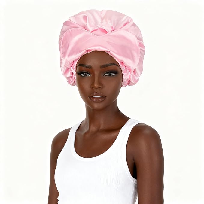 Pink Satin Bonnet Silk Hair Bonnet for sleeping Adjustable Silk Bonnet Double Layer Satin Lined Hair Bonnet with Soft Elastic Band for Women Hats