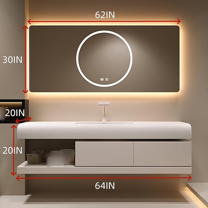 64IN Bathroom Vanity with Sink - Bathroom Cabinet Set has 2 Drawers & Overflow Hole Wall Mounted | LED Practical Defogging Mirror, Open Compartments, Seamless Rock Slab Basin (Cream White)