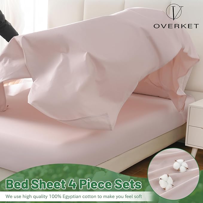 Egyptian Cotton Sheets Full Size 1000 Thread Count Sateen Weave Soft Breathable 16-Inch Deep Pocket 4PCS（Full,Light Pink）