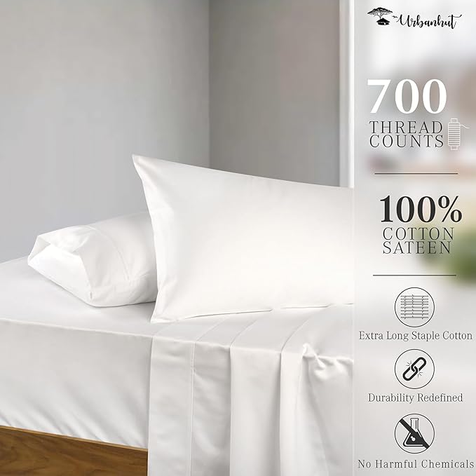 URBANHUT 700 Thread Count Egyptian Cotton Sheets Queen Size, 4Pc Sheet Set Soft Luxury Bed Sheets for Queen Size Bed, Sateen Weave Hotel Sheets, 16'' Elasticized Deep Pocket - White