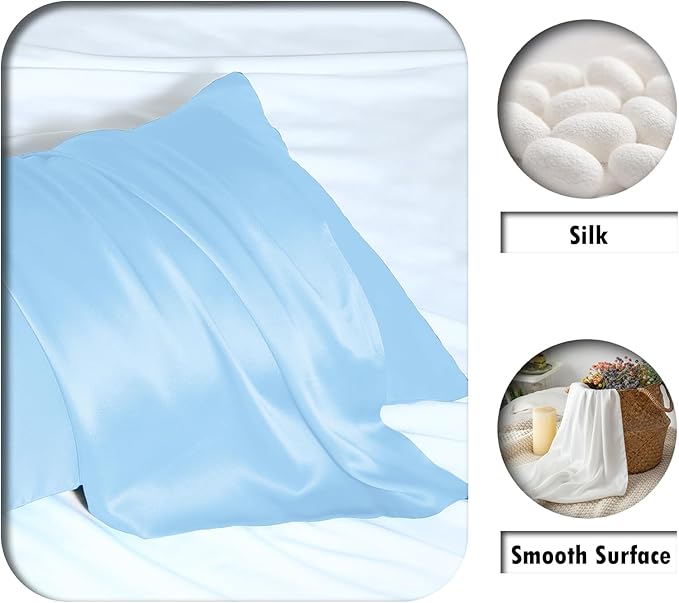 Silk Pillow Cases 2 Pack Soft Breathable and Sliky King Size Pillow Cases Set of 2,Natural Mulberry Satin Silk Pillowcase with Hidden Zipper for Hair and Skin (Sky Blue,20"X 36",2pcs)