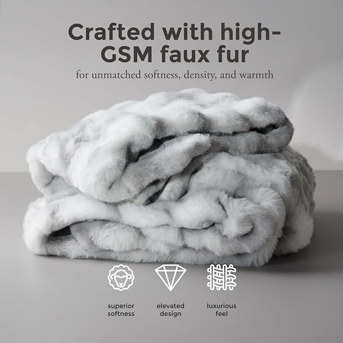 Mon Chateau 60" x 70" Dream Faux Fur Throw, Marble Print Plush Luxury Blanket for Couch, Sofa, or Bed, Soft Reversible Throw Blanket for Sleeping, Home & Room Decor, Moonshadow Bubble