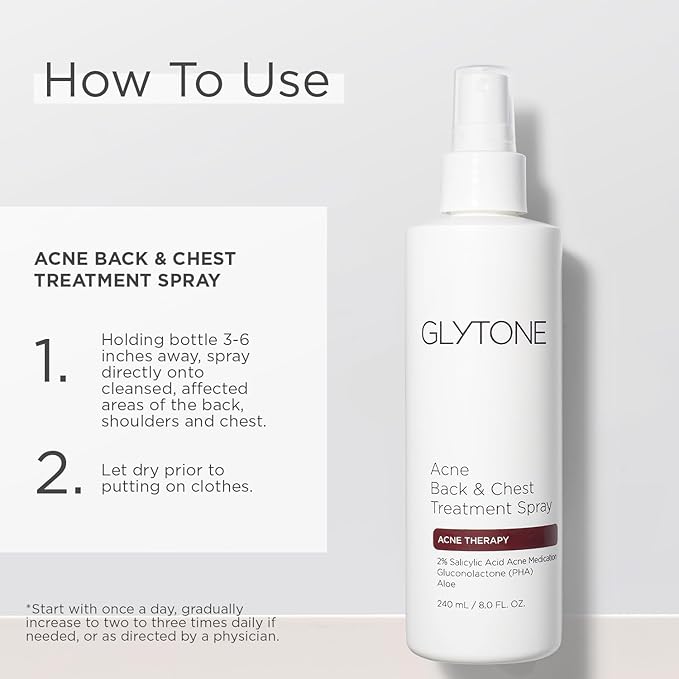 Glytone Chest & Back Acne Treatment Spray – 2% BHA Salicylic Acid with Gluconolactone – Body Acne Treatment for Bacne & Blackheads – Quick-Dry & Fragrance-Free Spray for Normal to Oily Skin – 8 fl oz