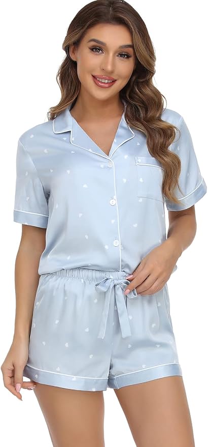 Women's Satin Pajama Set 2-Piece Sleepwear Loungewear Button Down Short Sleeve Silky PJ Set