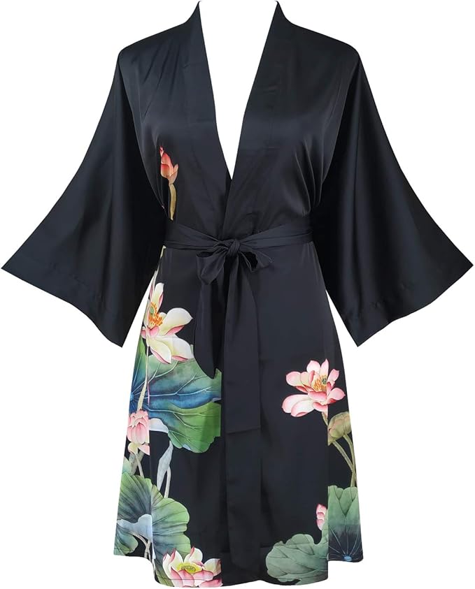 Ledamon Women's Kimono Short Robe - Classic Floral Bathrobe Nightgown