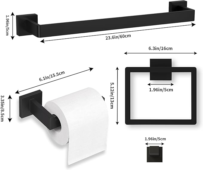 20-Pieces Matte Black Bathroom Accessories Set, 23.6 Inch Bath Towel Bar Set, SUS 304 Stainless Steel Bathroom Hardware Set, Towel Racks for Bathroom Wall Mounted.