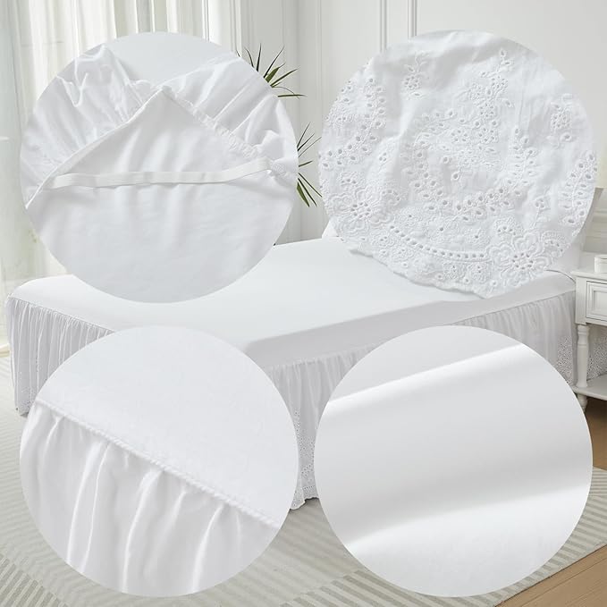 Brandream White Eyelet Bed Skirt Queen Size 100% Cotton Ruffled Dust Ruffle Bed Skirt 18 Inch Drop with Embroidered Floral Design Queen Size Beds