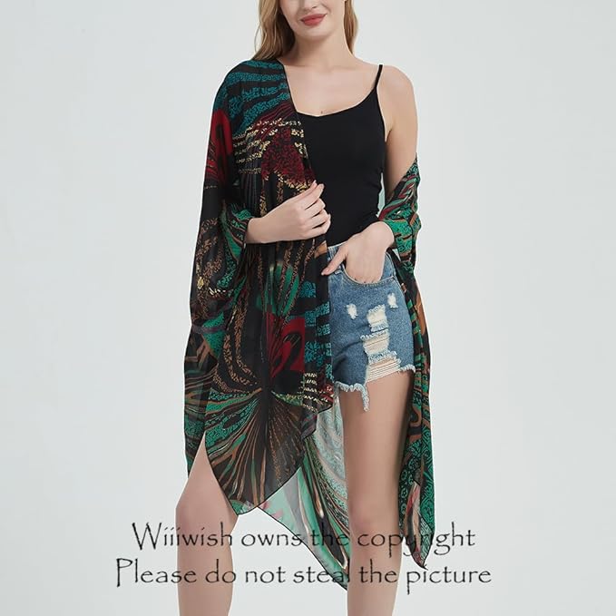 Women's Bohemian Floral Chiffon Beach Cover up Swimsuit Kimono Summer Swimwear Cardigans