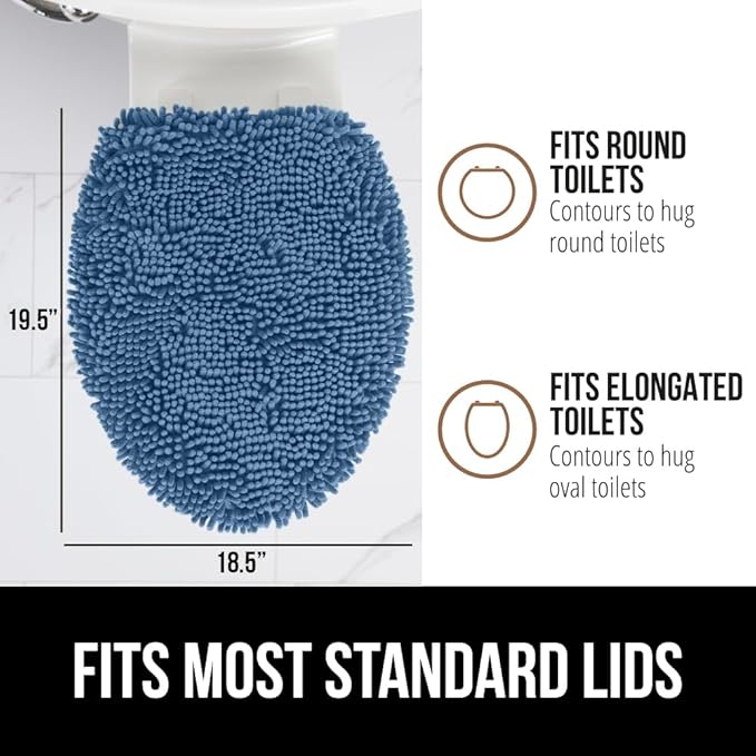 GORILLA GRIP Soft Chenille Bathroom Toilet Lid Cover, Machine Washable Seat Covers, 19.5x18.5, Stays in Place Rubber Backing, Fits Most Round, Elongated and Oblong Lids, Accessories Decor, Blue