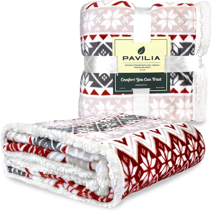 PAVILIA Premium Christmas Sherpa Throw Blanket | Christmas Decoration, Fleece, Plush, Warm, Cozy Reversible Microfiber Holiday Blanket 50 x 60