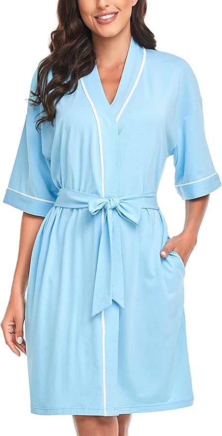 COLORFULLEAF Womens Bamboo Short Robes Lightweight Kimono Cotton Robe Soft Knit Bathrobe Ladies Loungewear with Pockets