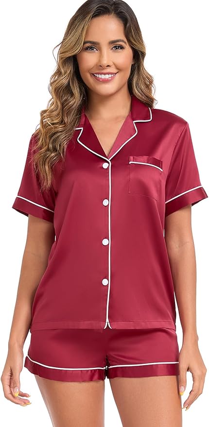 Women's Satin Pajama Set 2-Piece Sleepwear Loungewear Button Down Short Sleeve Silky PJ Set
