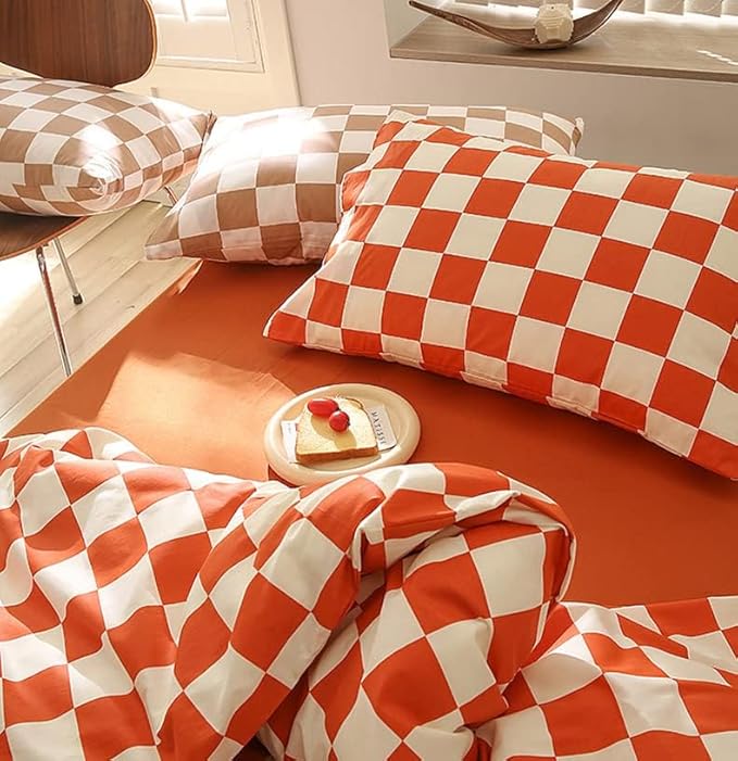 KAREVER Orange White Grid Comforter Set Full Burnt Orange Plaid Bedding Set Girls Reddish White Checkered Bed Blanket Set Kids Breathable Durable Bedding Comforter Set