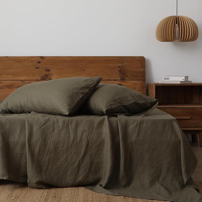XZ XIFA Olive Green Linen Pillow Case King, 2-Pack, 100% Natural French Flax, Breathable, Durable, Textured Envelope Pillowcases - Linen, 20'' x 40''