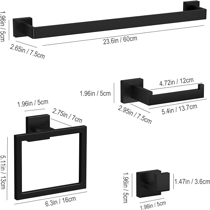 5-Pieces Matte Black Bathroom Accessories Set, 23.6 Inch Bath Towel Bar Set, SUS 304 Stainless Steel Bathroom Hardware Set, Towel Racks for Bathroom Wall Mounted.