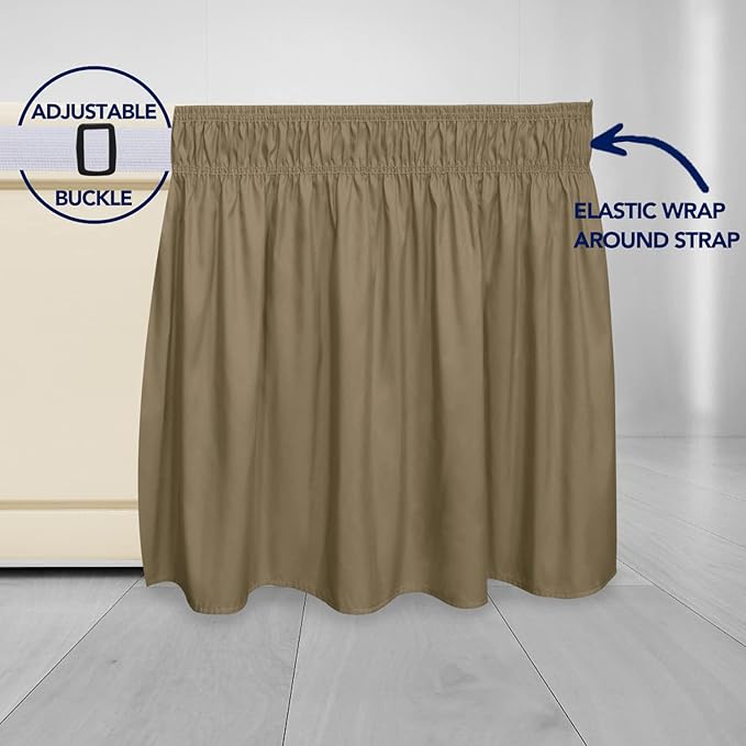 PureFit Wrap Around Ruffled Bed Skirt with Adjustable Elastic Belt - 14 Inch Drop Easy to Put On, Wrinkle Free Bedskirt Dust Ruffles, Bed Frame Cover for Twin, Twin XL and Full Size Beds, Camel