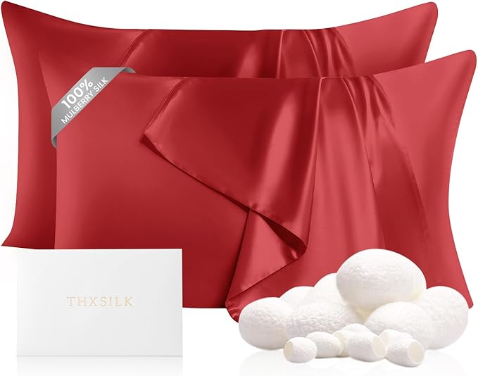 THXSILK Set of 2 100% Pure Mulberry Silk Pillowcases for Hair and Skin, 22 Momme Zipper Silk Pillow Case Standard Size, Real Silk Pillowcases with Zipper, Anti Aging Acne Free (Red, Standard 20"x26")