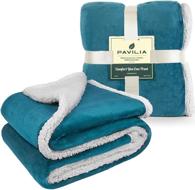 PAVILIA Sherpa Fleece Throw Blanket for Couch, Twin Size, Teal Blue, Plush Soft Fuzzy Sofa Blanket, Cozy Reversible Winter Throw for Women Men, 60x80 Inches