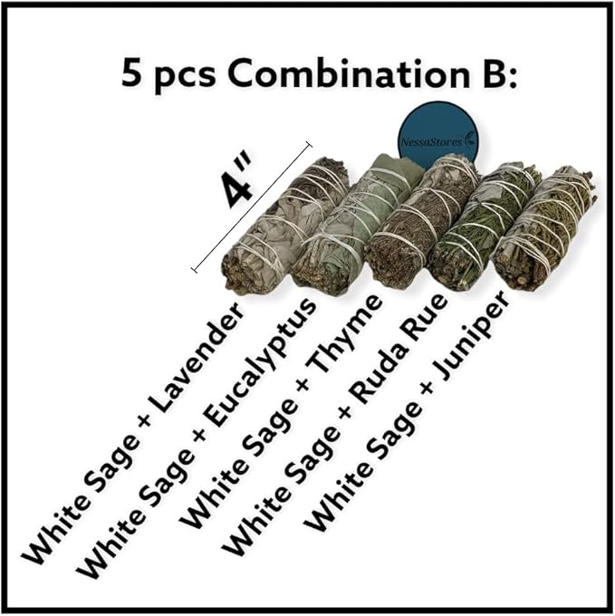 NESSASTORES - White Sage Mixture Smudge Sampler Kit 4" Bundles #JC-230 (2 Kits, 5 pcs Combination B)