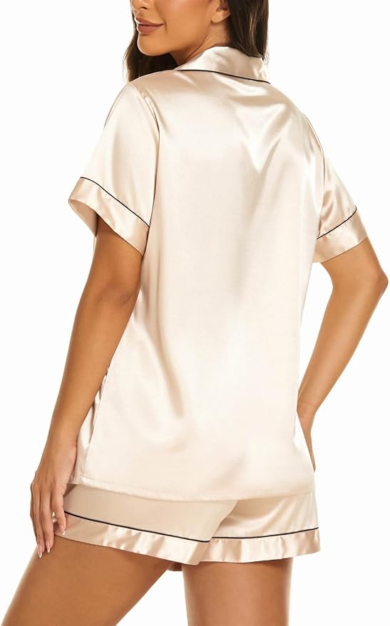 Ekouaer Silk Pajamas for Women Short Sleeve Sleepwear Soft Button Down Loungewear 2 Piece Satin Pjs Shorts Set