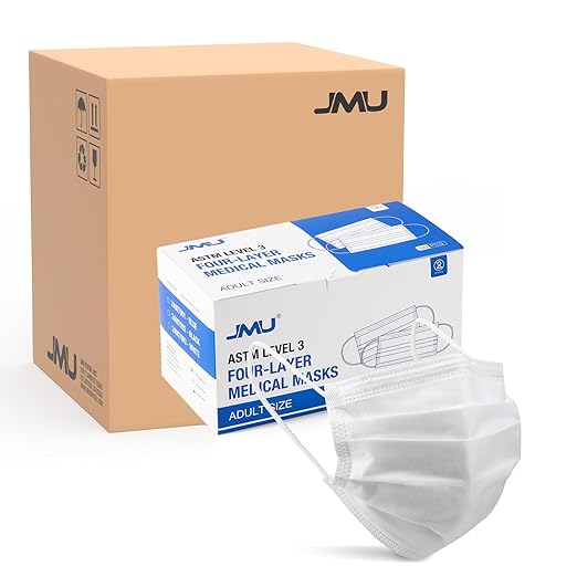 JMU 500 Pcs Disposable Face Masks for Adults, 4-Ply Protection ASTM Level 3 Medical Mask, White, 10Box