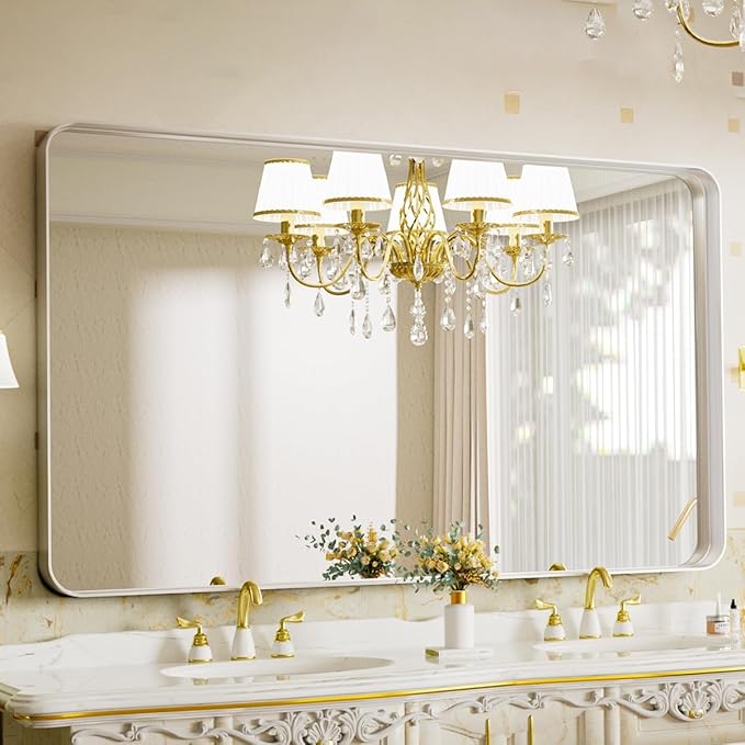 VooBang Bathroom Mirror 30x48 inch, Silver Gorgeous Deep Frame Wall Mirror, Modern Round Corner Bathroom Vanity Mirror for Bedroom, Living Room, Hanging or Leaning Horizontal or Vertical, Silver
