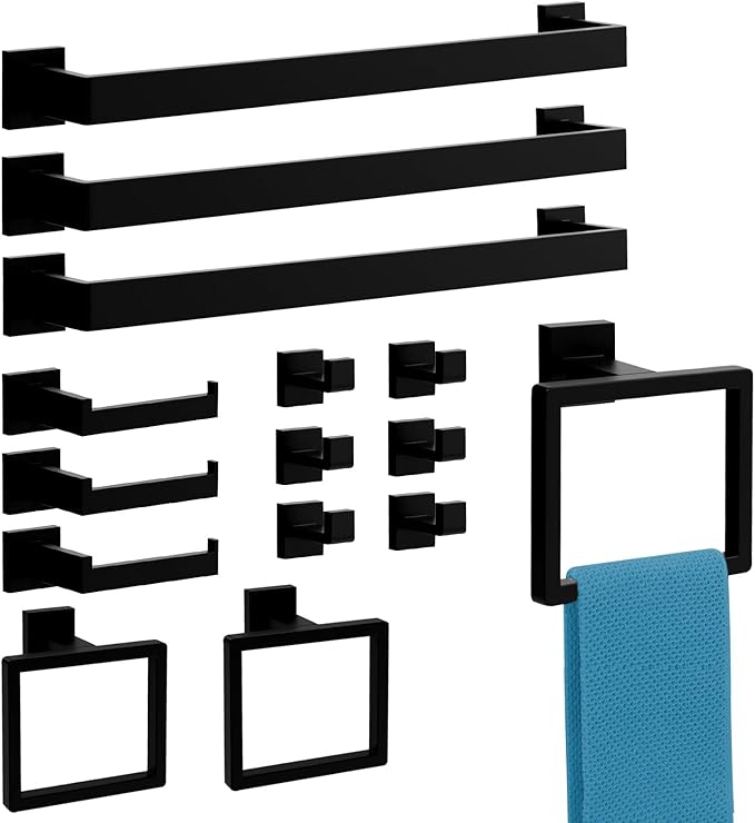 15-Pieces Matte Black Bathroom Accessories Set, 16 Inch Bath Towel Bar Set, SUS 304 Stainless Steel Bathroom Hardware Set, Towel Racks for Bathroom Wall Mounted