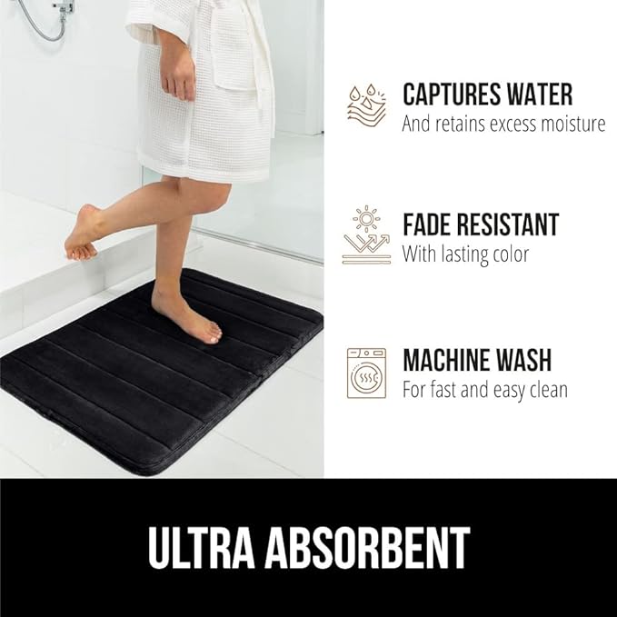 GORILLA GRIP Memory Foam Bath Mat, Soft Absorbent US Designed Bathroom Rug, Gripping Dots Machine Washable Bathmat, Cushioned Floor Mats, Shower Sink Rugs Room Décor Accessories, 42x24 Black