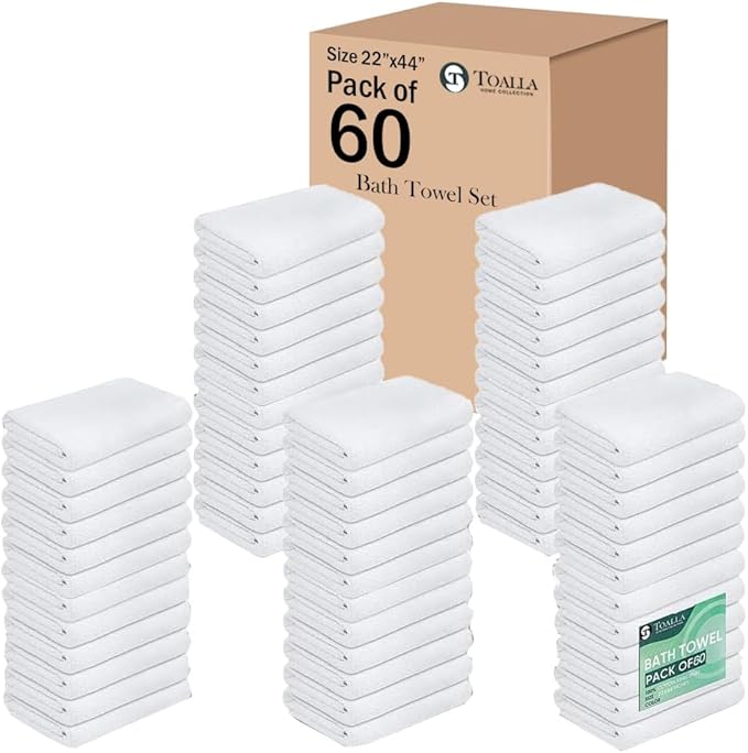 100% Cotton Bath Towel Set Pack of 60|500 GSM|Soft Large Bath Towel|Super Absorbent|Quick Dry|Ideal for Pool Home Gym Spa Hotel|Perfect for Daily Use|Bath Towel Set 24 x 44 Inches|White