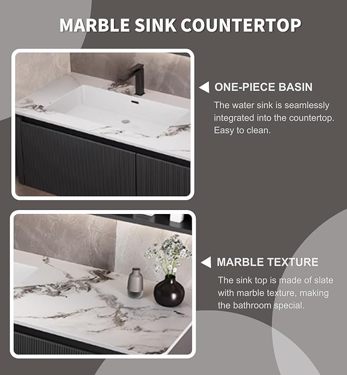 Bathroom Vanity Cabinet, 60" Bathroom Vanity with Sink & Intelligent Defog LED Mirror, Solid Wood Float Vanities, Wall-Mount Bathroom Cabinet with Drawer, Undermount Double Sink, Faucet, Drain(Black)